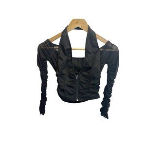 SHEIN Womens S Black Cropped Long Sleeve Blouse Cut Out Halter Zip Front Stretch
